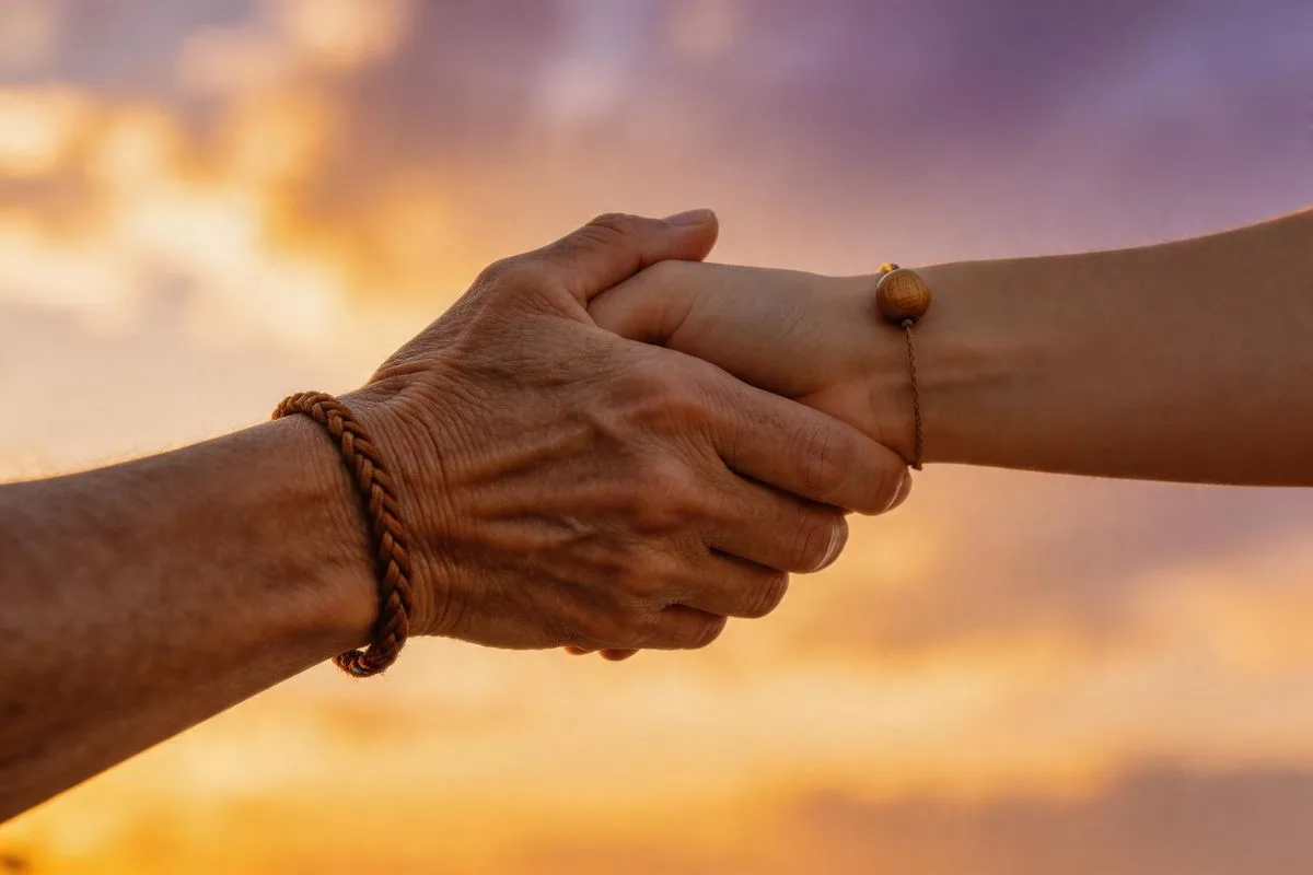 兩隻手從畫面左右輕輕相握的特寫，背景是柔光暈染的日落金紫色天空，手腕戴著簡單的繩結與木珠，俯視斜角構圖