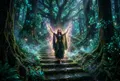 一個人赤腳站在長滿青苔的古老石階上，雙臂輕輕抬起，身體散發出金色與紫色光暈，兩側是發光的神聖森林，地面升起乙太薄霧