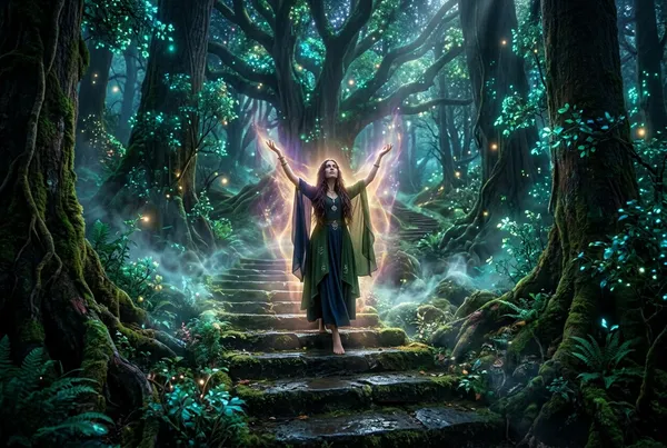 一個人赤腳站在長滿青苔的古老石階上，雙臂輕輕抬起，身體散發出金色與紫色光暈，兩側是發光的神聖森林，地面升起乙太薄霧