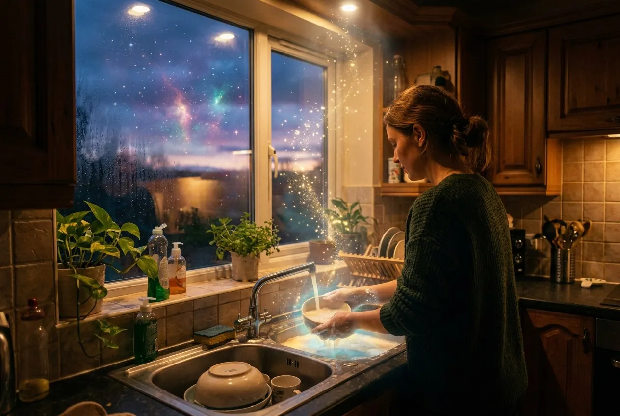 一個人在黃昏廚房窗邊洗碗，從雙手流下的水散發柔和光芒，金色光粒子向上飄散，窗外天空透出宇宙星雲的色彩，人物偏右，室內溫暖光線