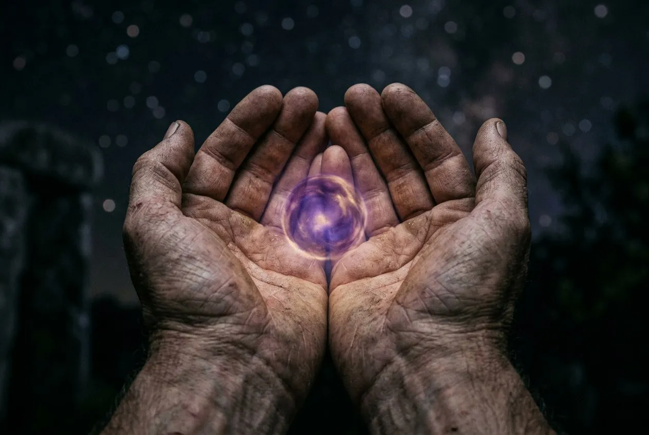 一雙真實的手捧著一顆發光的小球，球體散發深紫與金色能量光芒，照亮手掌肌膚，背景是深色大氣空間帶有模糊星光，手置於畫面下方中央