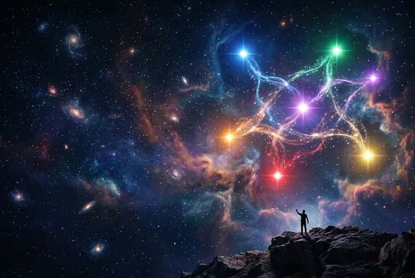 深空中六顆色彩各異的恆星散布於畫面，星帶與星雲連成一片，下方有一道極小的人影剪影仰望