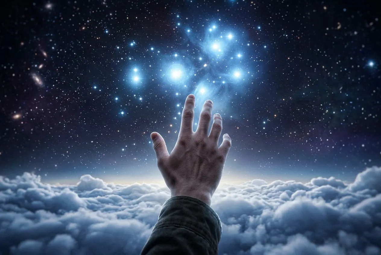 昴宿星團七姊妹星在深藍夜空中聚成一簇藍白光點，下方雲海起伏，整體柔和夢幻