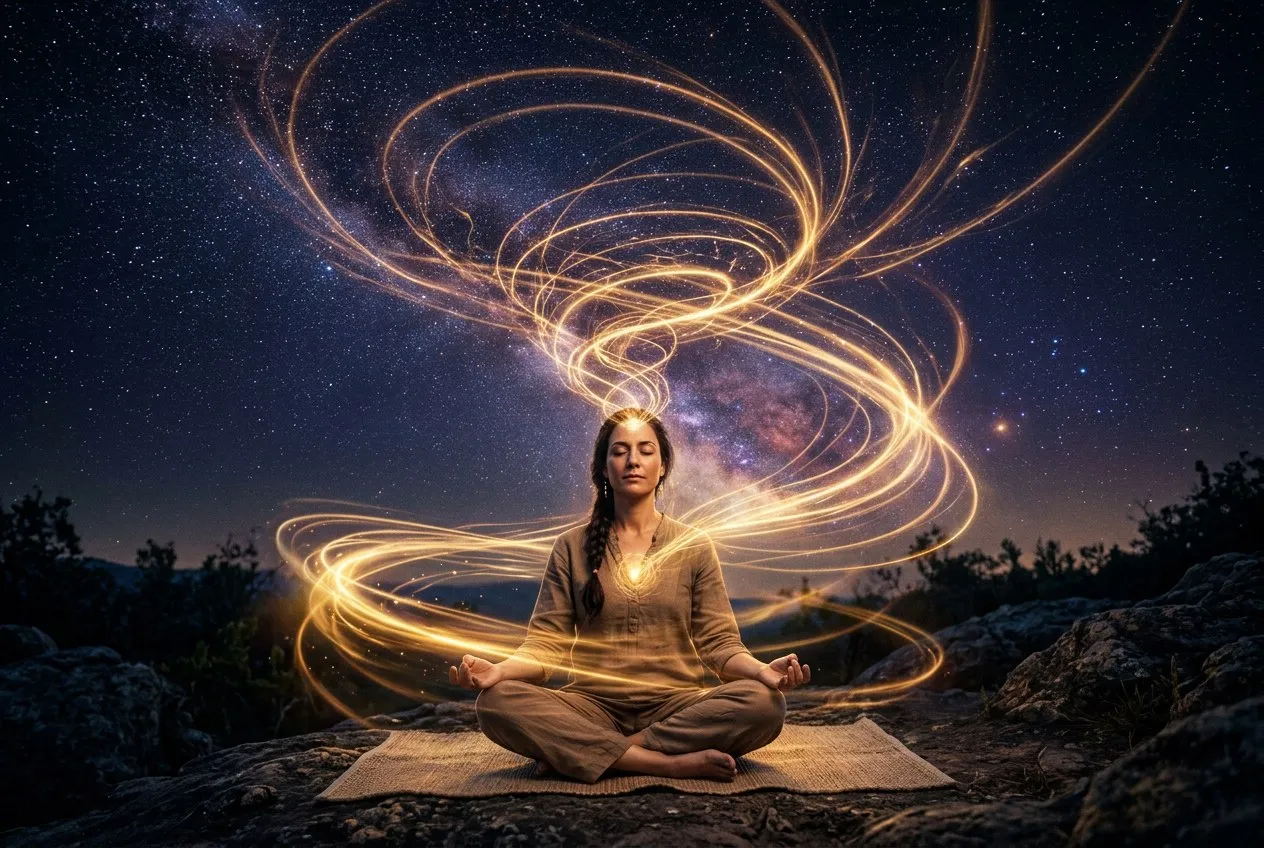 一個人坐在冥想墊上，周圍是旋轉的神經元光網絡，金色脈衝在網絡中流動，象徵冥想改變大腦迴路