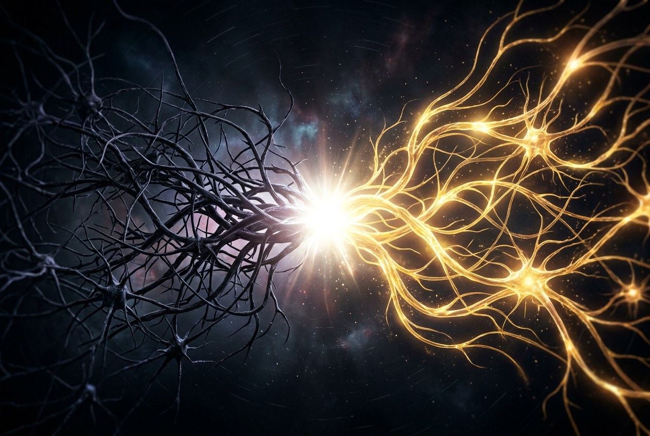 兩組神經迴路並排，左側昏暗糾結，右側發出明亮金色光流，中央一道白光正在將舊迴路轉化為新的