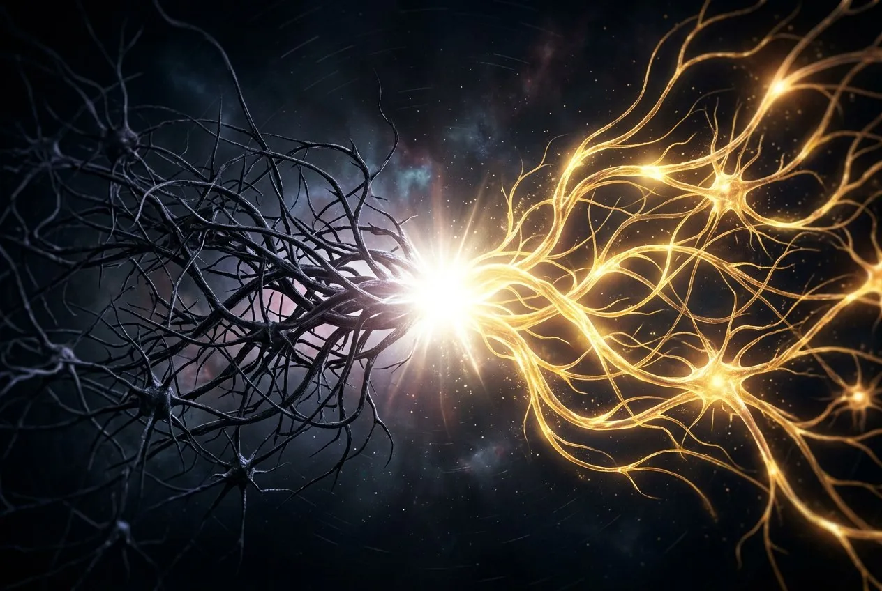 兩組神經迴路並排，左側昏暗糾結，右側發出明亮金色光流，中央一道白光正在將舊迴路轉化為新的