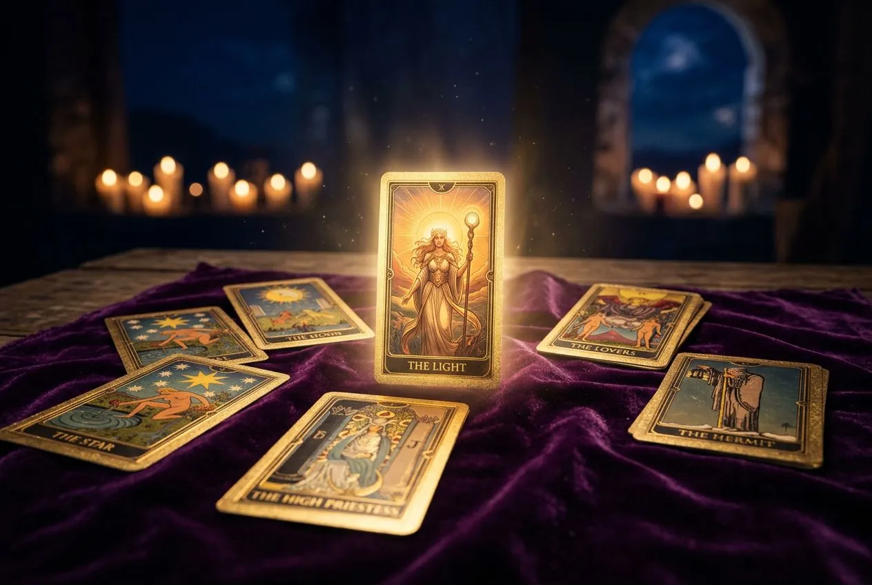 低角度斜側取景，一張深紫色絨布上攤開數張塔羅牌，中央浮起一張「星星」牌微微發光，背景是深靛色夜空與朦朧燭火，牌面金色燙邊反射著溫暖光線，整體氣氛神秘卻不陰森，像是一場與自己對話前的靜默準備