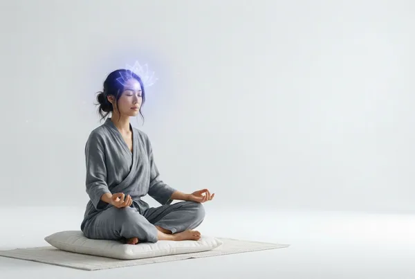 一位女子閉眼坐在靜謐的房間中，眉間綻放靛藍色光暈，光從第三眼向外擴散成蓮花形狀