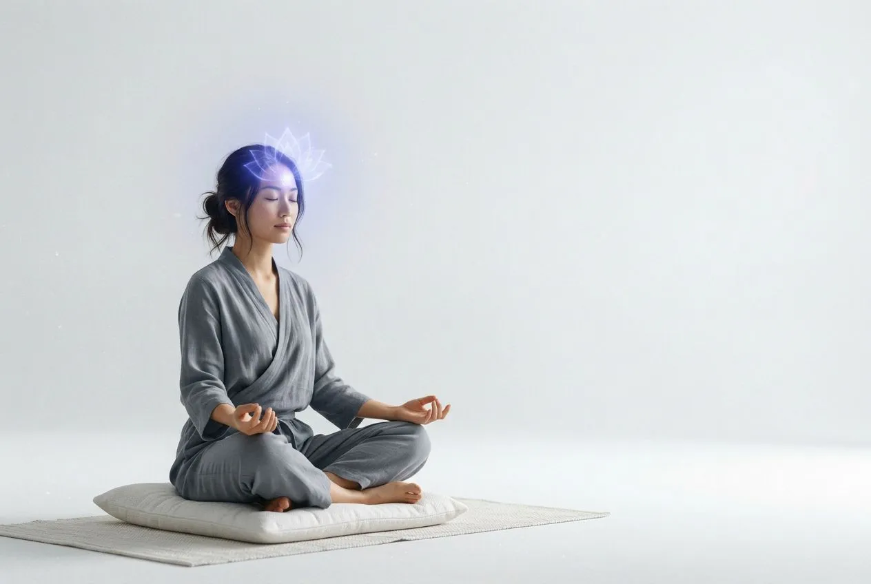 一位女子閉眼坐在靜謐的房間中，眉間綻放靛藍色光暈，光從第三眼向外擴散成蓮花形狀