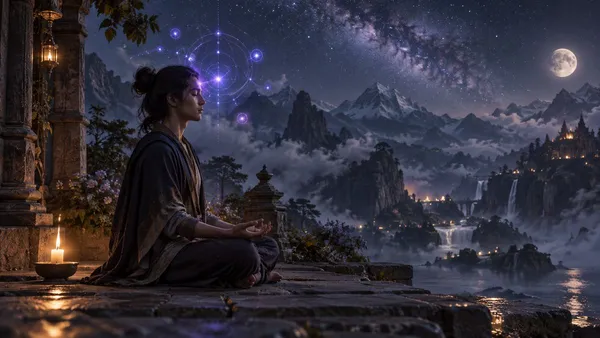 夜晚的石造露台上，一個人盤腿靜坐，側面剪影，額頭周圍飄著淡紫與靛藍的光球和細細的幾何光線，身旁點著一支溫暖的蠟燭，背後是薄霧繚繞的山巒與滿天星空