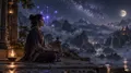 夜晚的石造露台上，一個人盤腿靜坐，側面剪影，額頭周圍飄著淡紫與靛藍的光球和細細的幾何光線，身旁點著一支溫暖的蠟燭，背後是薄霧繚繞的山巒與滿天星空