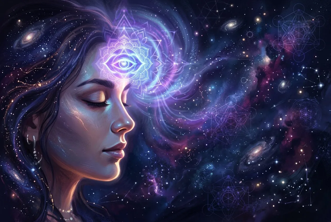 人臉側面輪廓，額頭中央有發光的第三眼符號，光芒向外延伸至深宇宙背景