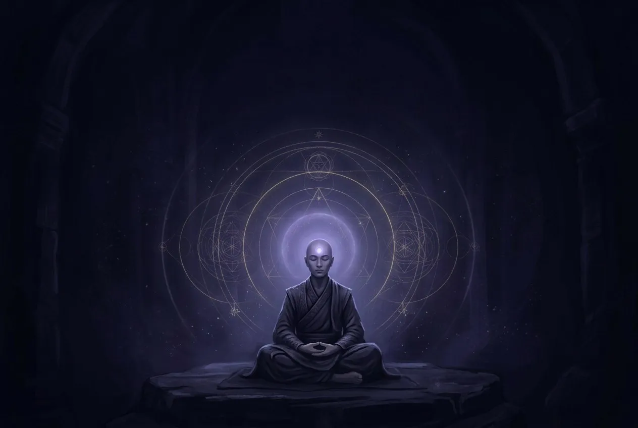 一個人盤腿坐在黑暗房間中，眉心有柔和的靛藍光芒向外散發，周圍有細微的幾何光紋，極簡靈性風格