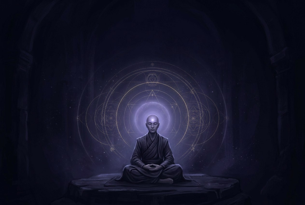 一個人盤腿坐在黑暗房間中,眉心有柔和的靛藍光芒向外散發,周圍有細微的幾何光紋,極簡靈性風格