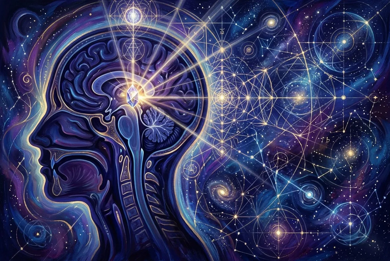 人體松果體在大腦中的位置剖面圖，周圍有柔和光芒與幾何符號，融合科學與靈性美學，深藍與紫色調