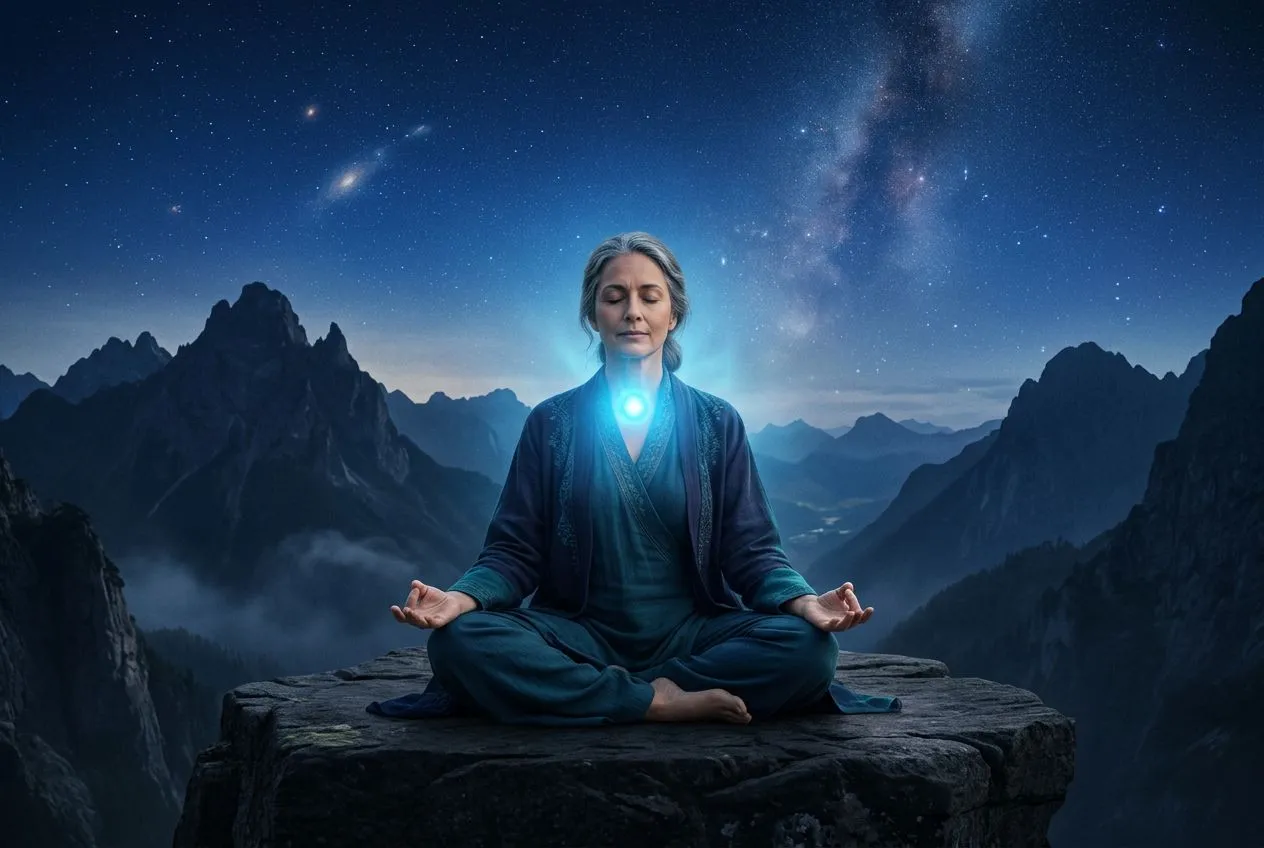 正面置中對稱構圖，一個人盤腿打坐於暖色光暈中，雙手結手印置於膝上，頸部位置浮現一顆明亮的天藍色光球，背景是漸層的深藍夜空帶細微星點