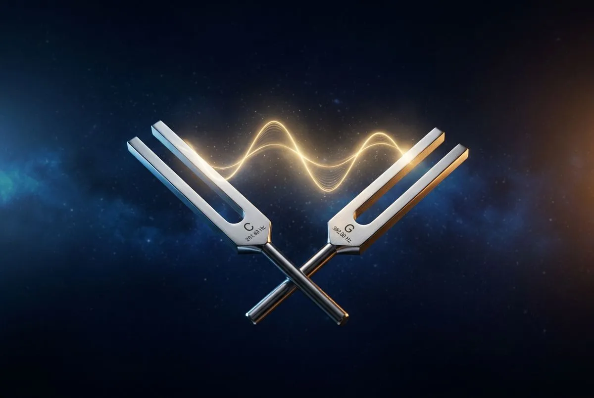深藏青背景下兩支拋光鋼製未加重音叉以腳柄交叉懸浮於畫面中央，叉尖之間連著一條淡淡的金色正弦波，象徵 C 與 G 兩個音的完全五度和諧，左方冷藍光與右方暖琥珀光交會