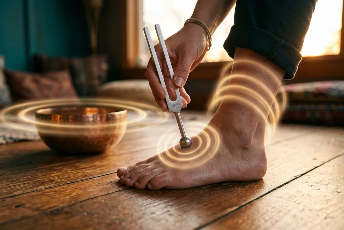 俯視特寫一隻手將 128Hz 加重音叉的圓形底端輕貼在木地板上的腳掌湧泉穴位置，接觸點周圍浮現一圈圈半透明的同心振動光環向腳踝擴散，背景虛化的銅製頌缽透出更廣闊的光暈，暖色夕陽光從右側斜入