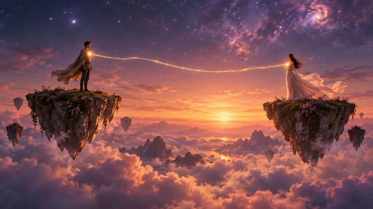 極簡留白構圖,黃昏的星空下,一男一女各自站在兩座漂浮的岩石小島上遙遙相對,一道金色光絲從兩人的心口延伸相連,腳下是玫瑰金色的雲海,天上是紫色星雲