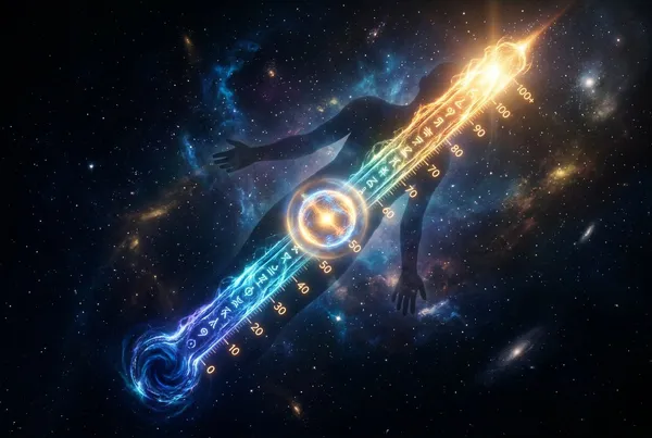 宇宙空間中懸浮的光能量刻度尺，從深藍漸變至金色