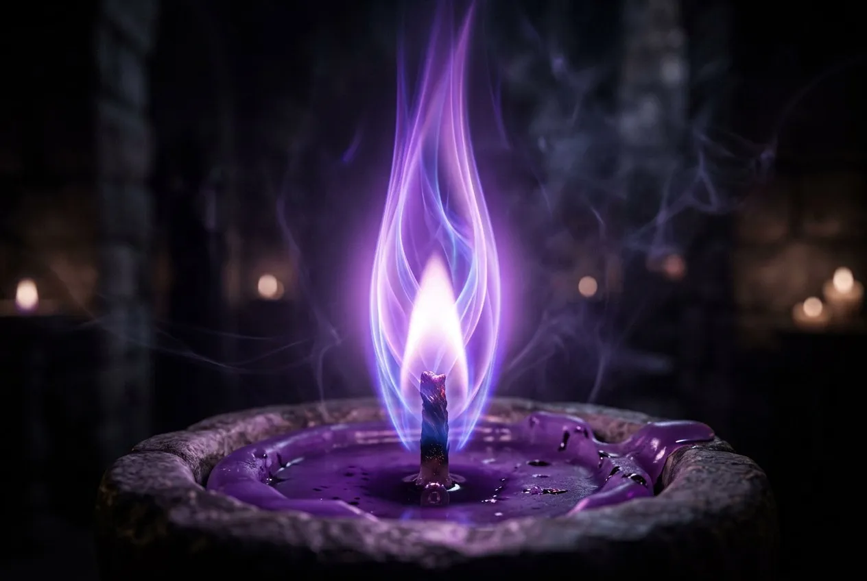 大型蜡烛燃起的紫色火焰特寫,背景是模糊的神聖空間,光線柔和而神秘