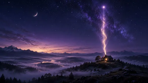 黎明前的靛紫夜空占滿畫面，一彎新月與銀河懸在上方，右下方霧氣籠罩的山丘上只有一間小屋亮著暖黃的窗，一道金紫色光柱從屋頂升向一顆明亮的星，遠處是沉睡的山谷與雪山