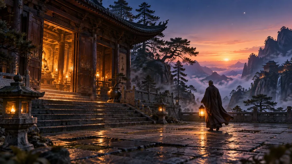 黎明前的山中寺院，一位身披長袍的僧人提著燈籠走過潮濕的石板庭院，位於畫面右側，左側殿堂敞開的大門透出金色燈火，遠方雲海與山峰上方的天色由靛藍漸變成橙粉