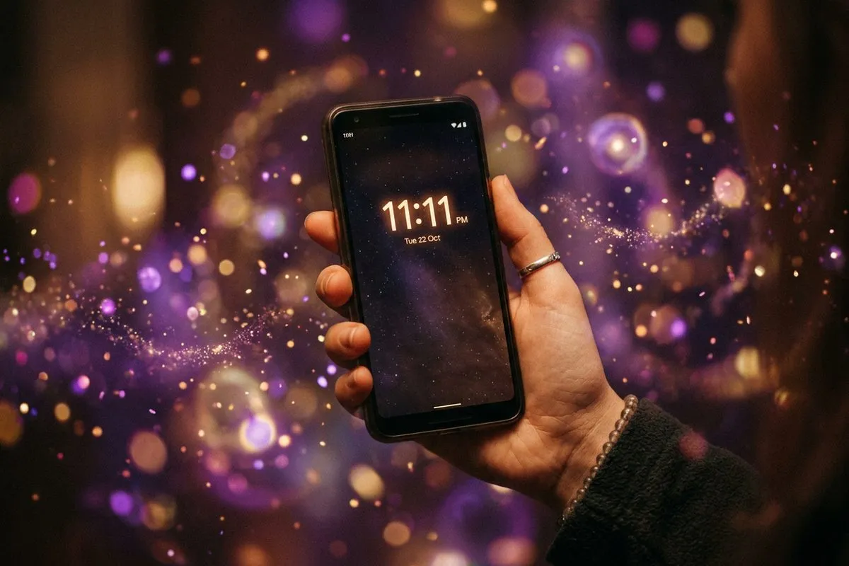 一隻手拿著手機顯示 11:11，背景散發紫金色光粒子，象徵天使數字出現的靈性覺醒瞬間