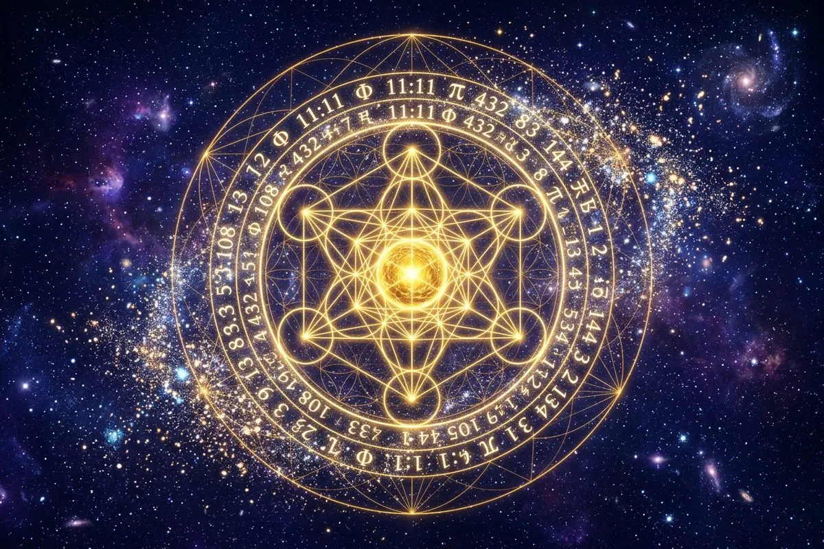 每個數字都蘊含獨特的振動頻率，神聖幾何圖形從中心向外輻射金色光芒