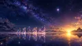 六個由靛紫星光構成的孩子排成一列，走過倒映星空的鏡面湖，朝右側地平線金色的黎明前進，上方是大片銀河與一顆明亮的星，遠處是山巒剪影