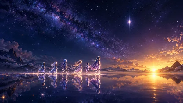 六個由靛紫星光構成的孩子排成一列，走過倒映星空的鏡面湖，朝右側地平線金色的黎明前進，上方是大片銀河與一顆明亮的星，遠處是山巒剪影