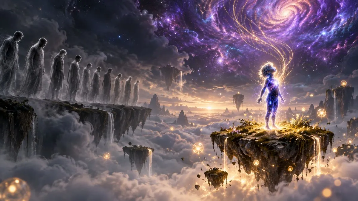 三分法則偏右,一個由靛藍星光構成的小孩站在畫面右側的漂浮島嶼上仰望天空,左側懸崖邊排著一列灰暗半透明的大人身影,金色光絲從孩子頭頂升向紫色螺旋星系,雲海上飄著發光的光球