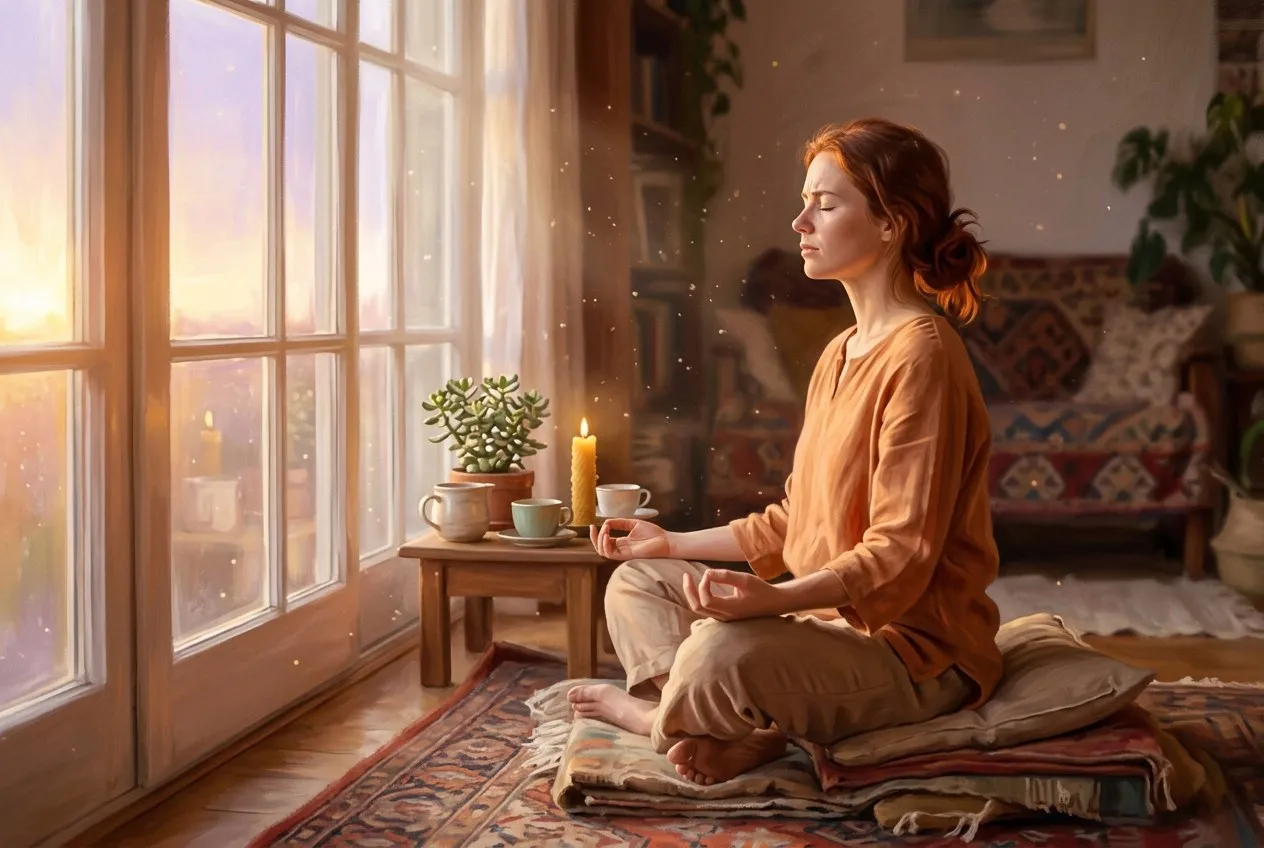 一個人剛開始冥想，坐在窗邊，陽光灑落，臉上有些專注與嘗試的神情，周圍有柔和的光粒子漂浮，溫暖而真實的靈性氛圍