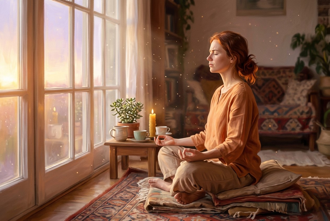 一個人剛開始冥想，坐在窗邊，陽光灑落，臉上有些專注與嘗試的神情，周圍有柔和的光粒子漂浮，溫暖而真實的靈性氛圍