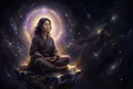 一個人閉眼端坐，臉部平靜，周圍有柔和光暈與漂浮的光粒子，深色背景