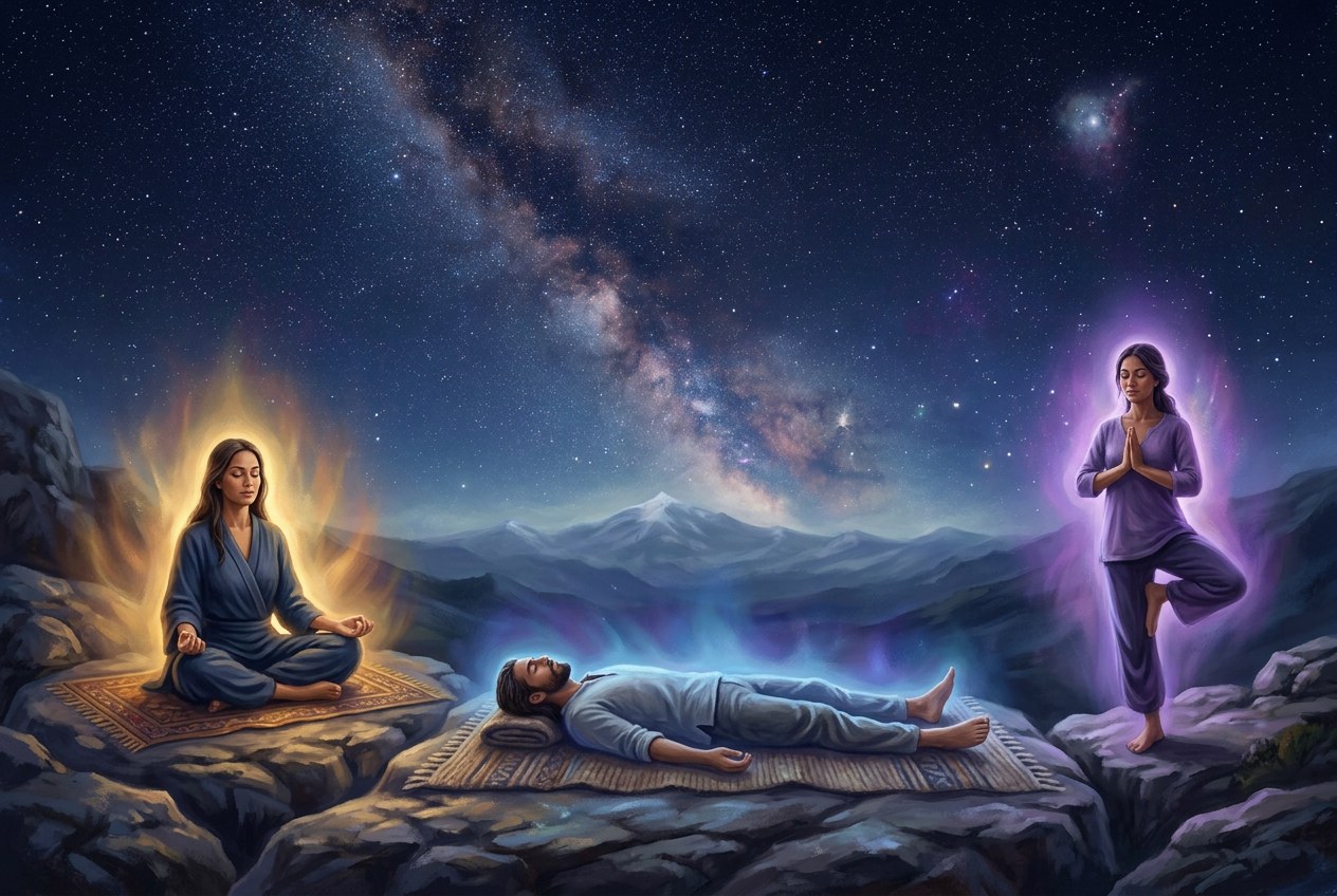三個人分別用不同姿勢冥想——坐在地板、躺臥、站立——各自被柔和的個人光暈包圍，背景是同一片寧靜的星空，靈性插圖風格