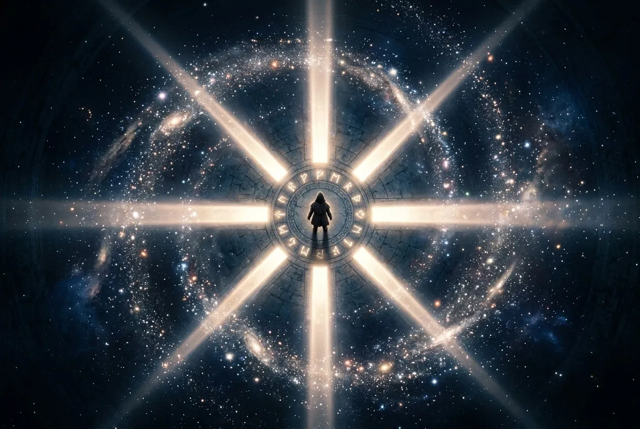 俯視角:一個人站在交叉的光路中央,四方向外延伸出光之走廊,頭頂有星河旋轉