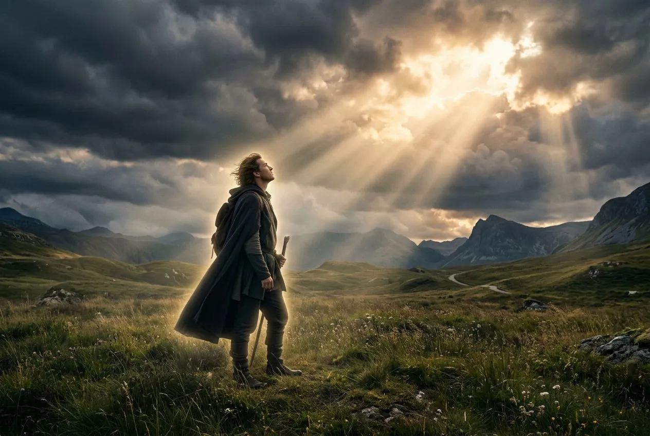 一個人仰望著從雲層破出的金光,身體周圍有淡淡的光量場,站在草地上,側面取景