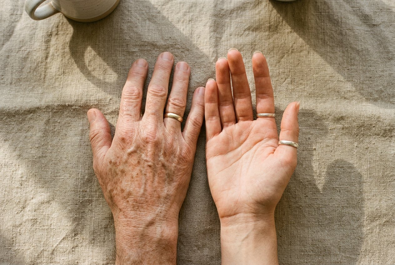 俯拍平鋪，兩個人的手並排放在粗麻布面料上，一隻略老一隻較年輕，雙手放鬆張開，柔和暖光從左側低角度斜入，雙手置中，兩側等距留白