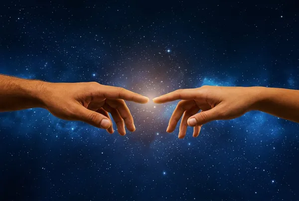 兩隻手從畫面兩側伸出，指尖幾乎相觸卻未碰，背景是深靛藍夜空與柔和星雲，指尖間隙隱約發出暖光