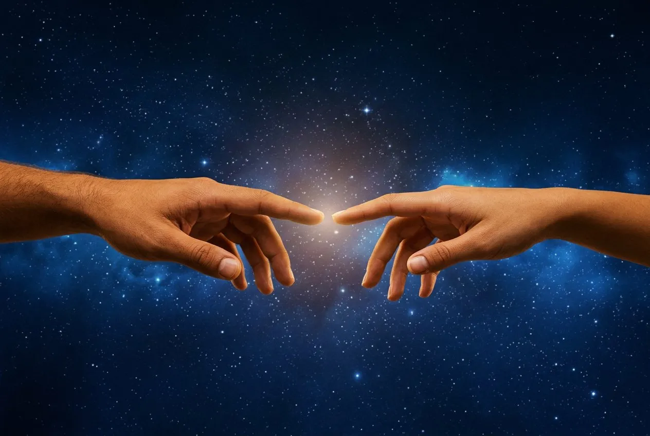 兩隻手從畫面兩側伸出，指尖幾乎相觸卻未碰，背景是深靛藍夜空與柔和星雲，指尖間隙隱約發出暖光