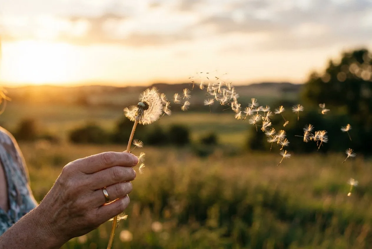 單支蒲公英被手鬆握，種子已大半飛散向右，逆光金色夕陽形成每粒種子的光暈，手佔畫面左下角四分之一，種子軌跡延伸至右上方