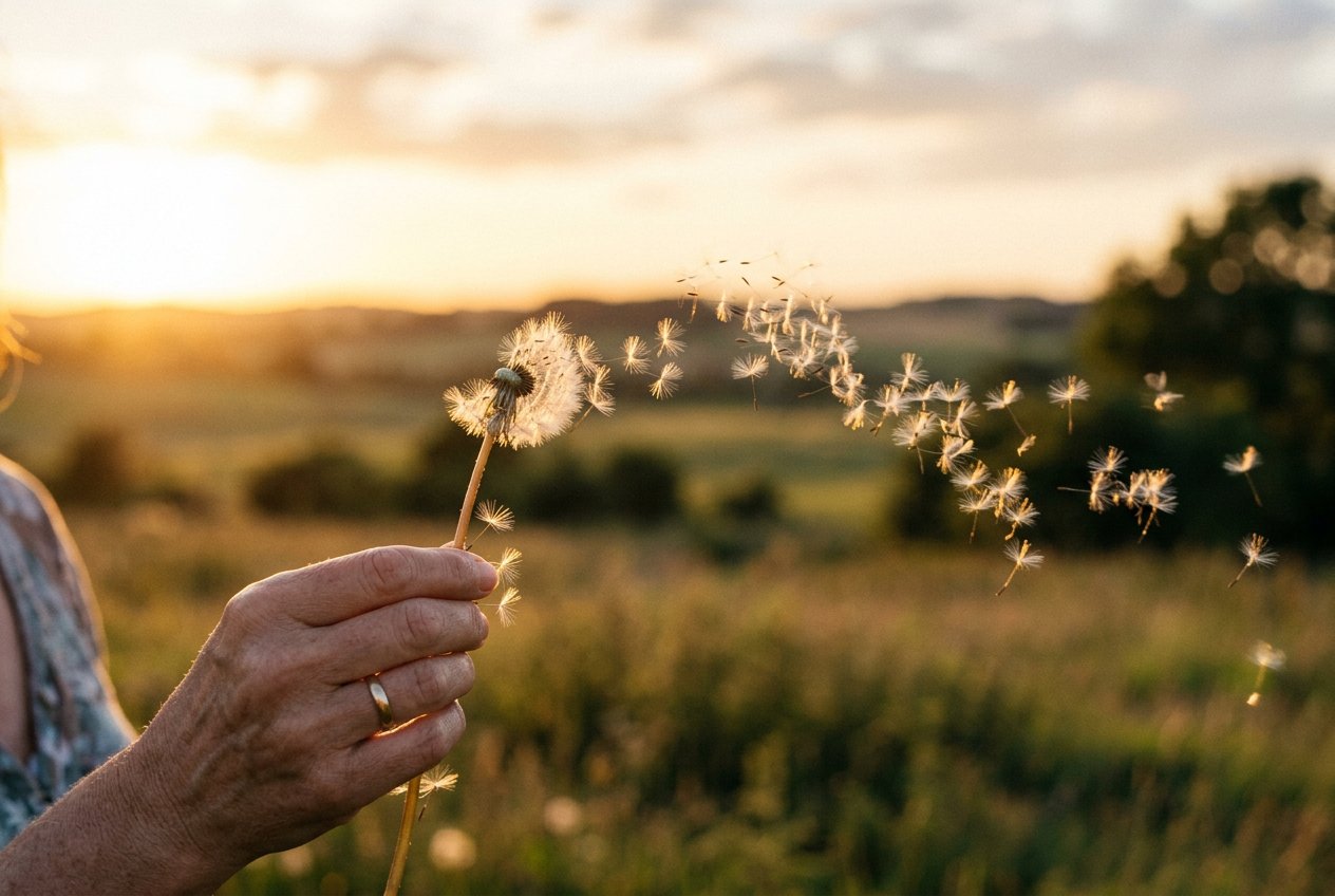 單支蒲公英被手鬆握，種子已大半飛散向右，逆光金色夕陽形成每粒種子的光暈，手佔畫面左下角四分之一，種子軌跡延伸至右上方