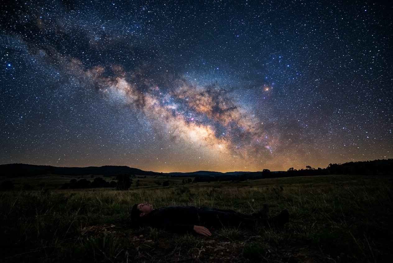 人物仰躺於黑暗曠野，雙臂放鬆，仰望銀河，人影剪影佔畫面下四分之一，銀河銀白星帶充滿上方四分之三