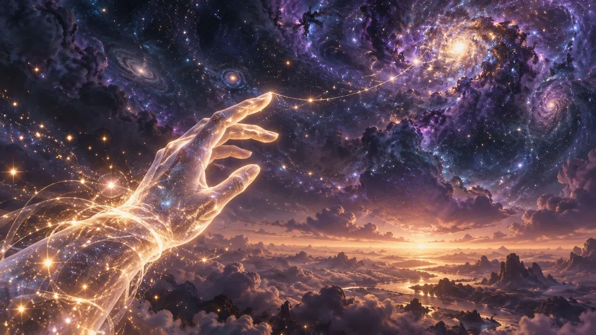 手部特寫，一隻由星光構成的半透明手向夜空伸去，指尖牽出一條細細的星光，連到遠方一團發光的漩渦星系，下方是雲海與天邊玫瑰金的微光
