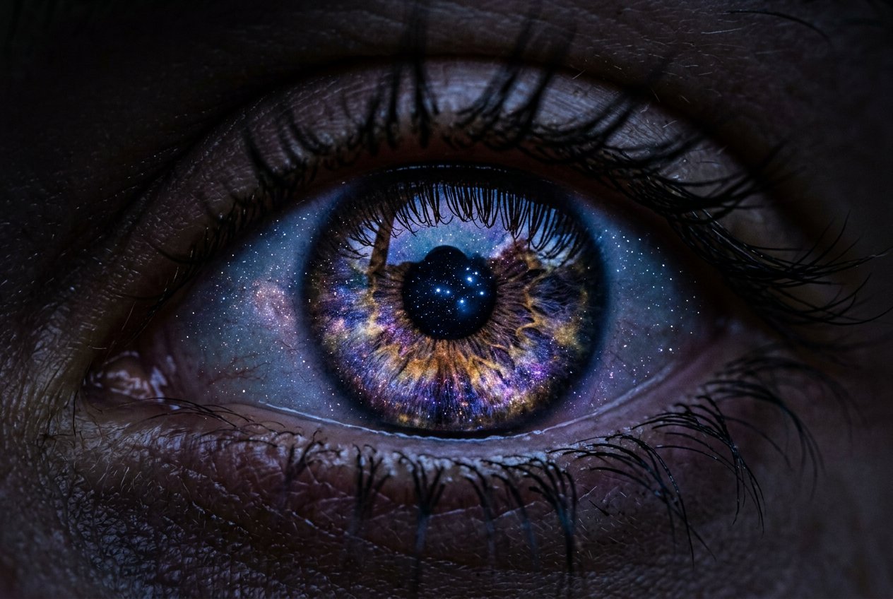 極近距離特寫單隻人眼，虹膜倒映夜空星系色彩——深藍、紫與金，瞳孔中央隱約可見一簇星光，睫毛框住畫面四邊