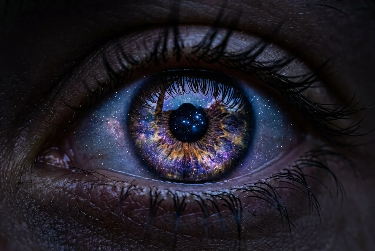 極近距離特寫單隻人眼，虹膜倒映夜空星系色彩，深藍、紫與金，瞳孔中央隱約可見一簇星光，睫毛框住畫面四邊