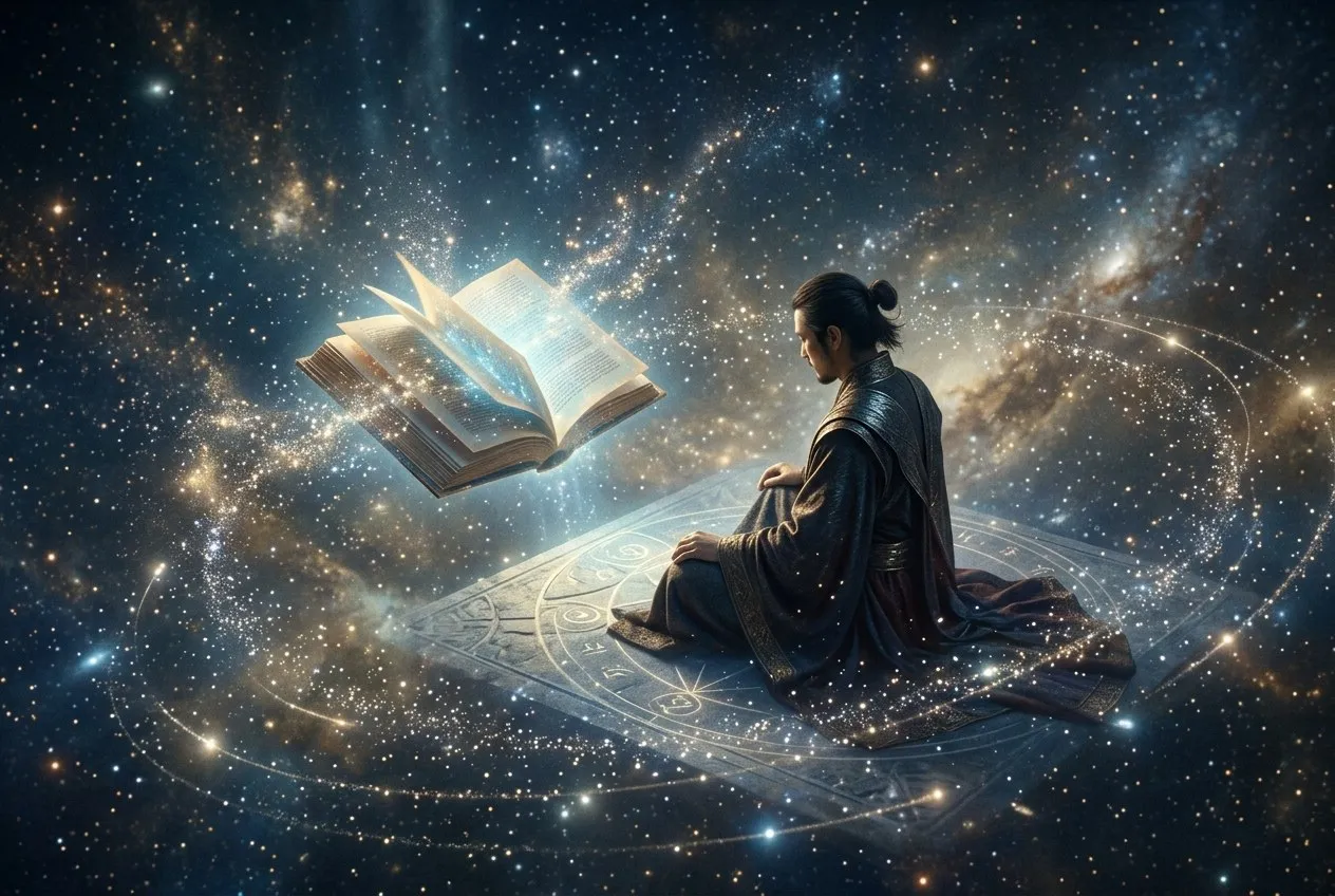 一個人坐在無邊的光之空間裡,面前展開一本發光的書,周圍有星光粒子環繞