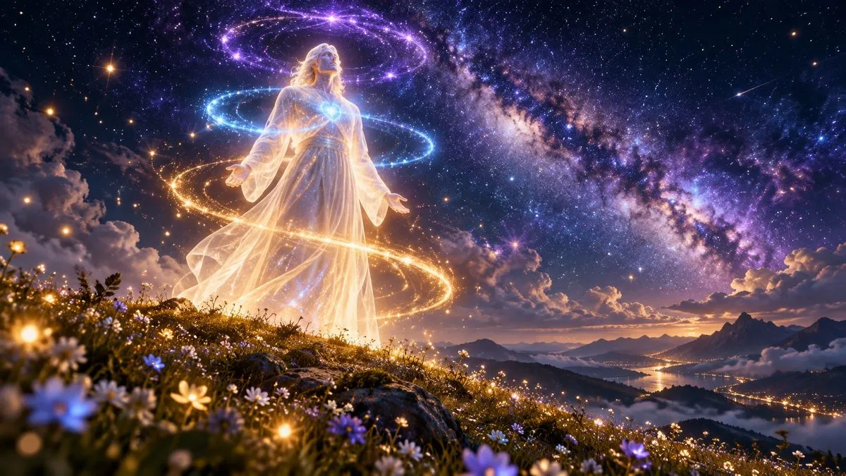 低角度仰拍,一位由星光構成、身穿流動光袍的男子站在夜晚的山丘草地上,身邊繞著三道高度不同的光環:腰間是琥珀金的光環,胸口是發著藍光的光環,頭頂上方是紫色的星光螺旋,背後是滿天銀河與雲海,前景的野花微微發光