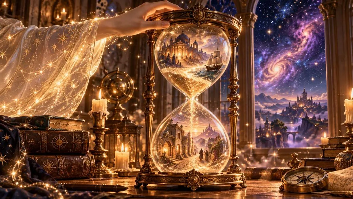 手部特寫，一隻手從綴滿星光的光袍袖口伸出，扶著舊木桌上的古董沙漏，落下的星砂之間浮現神殿、帆船與石板老街的前世景象，四周是古書、燭台與羅盤，拱窗外是紫色星系與雲上的城堡